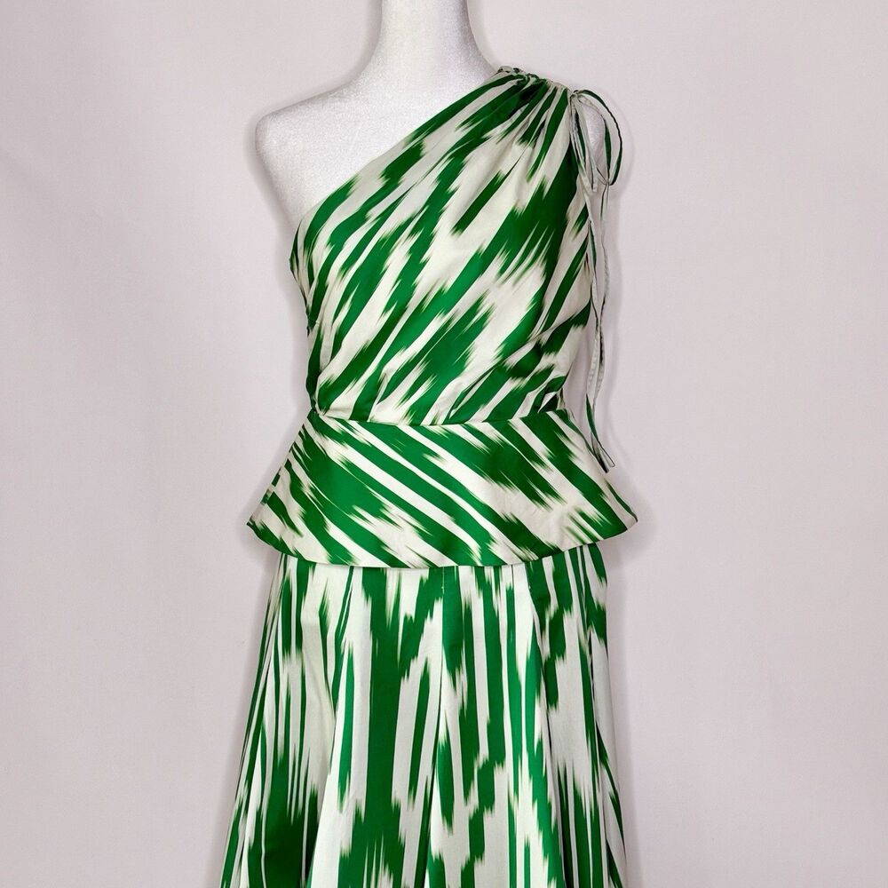 FIGUE - 2 pc Hayden One Shoulder Maxi Dress Size 6 Green White Ikat Print Modern